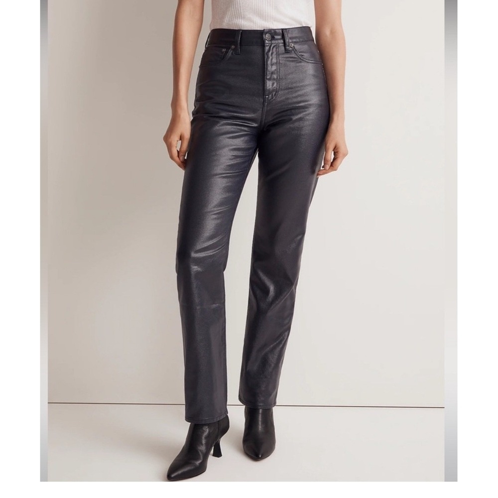Madewell Jeans Coated Wax 90s Straight High Rise Women 28 Midnight Foil Blue New - Picture 12 of 14